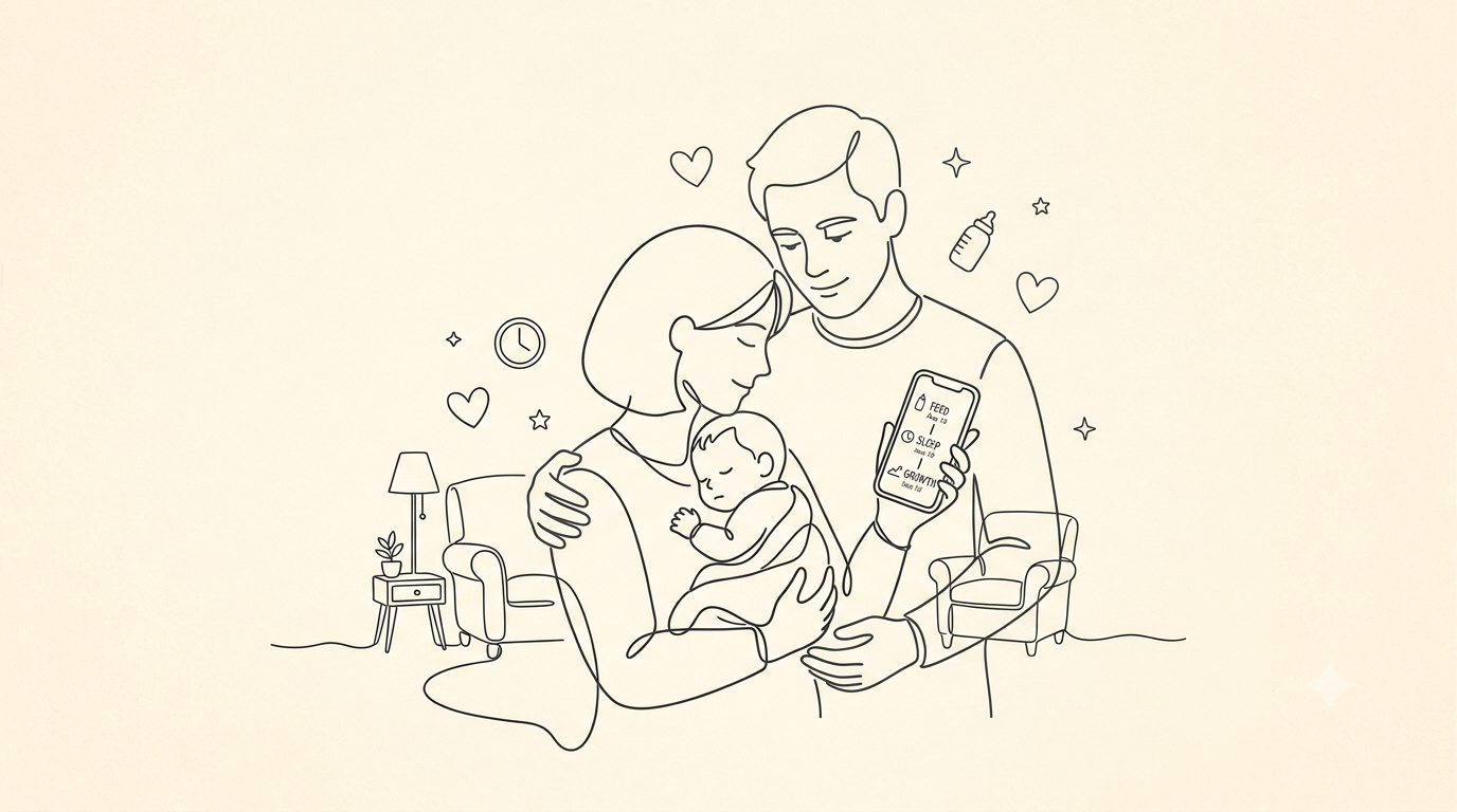 Line drawing of two parents holding a sleeping newborn while logging feeds, sleep, and growth on a phone